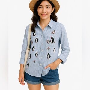 Mili desiques Blue & White Pinstripe Winter Penguin Long Sleeve Blouse SM Petite